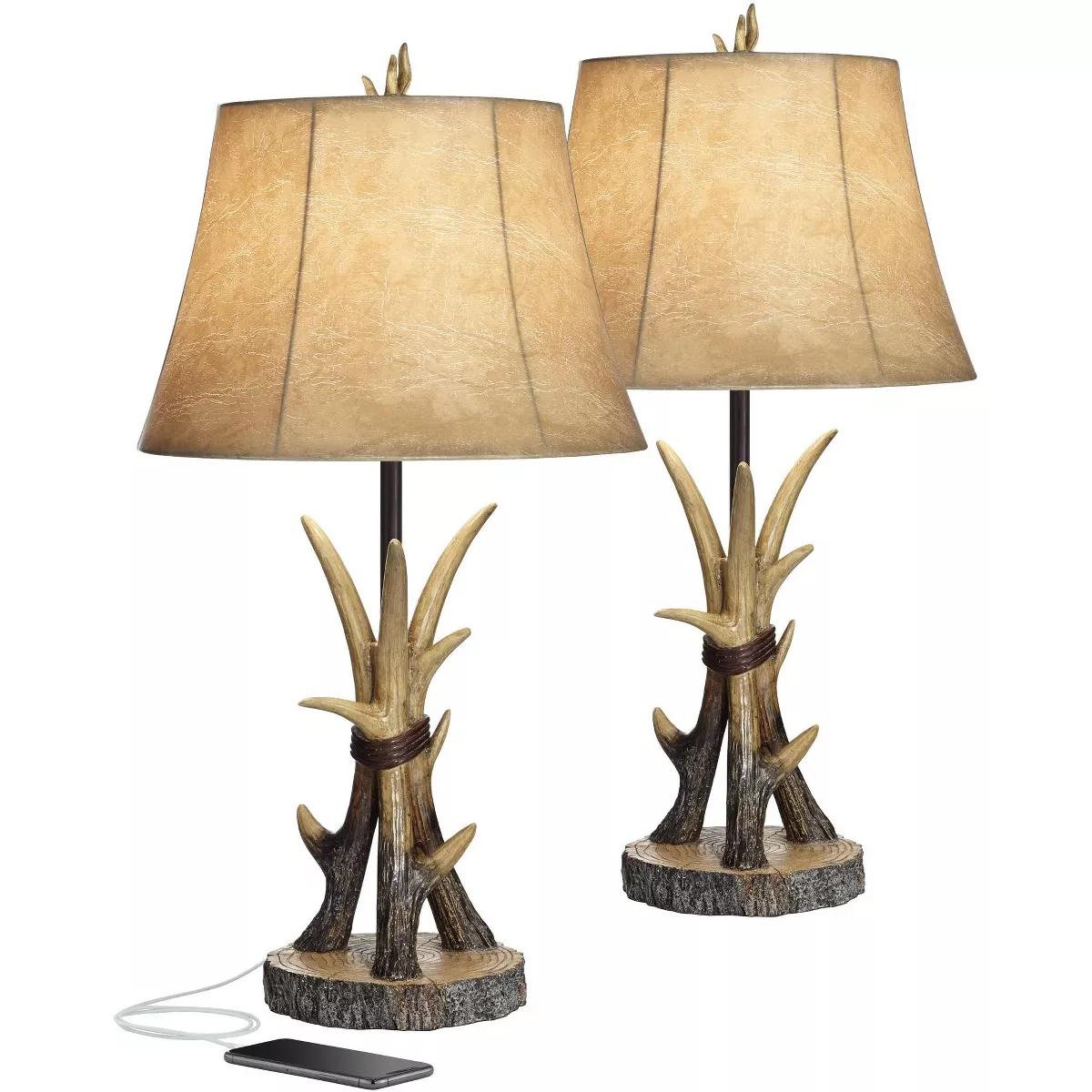 John Timberland Boone Rustic Western Table Lamps 27 1/2" Tall Set of 2 Natural Antler with USB Charging Port Bell Shade for Bedroom Living Room Office