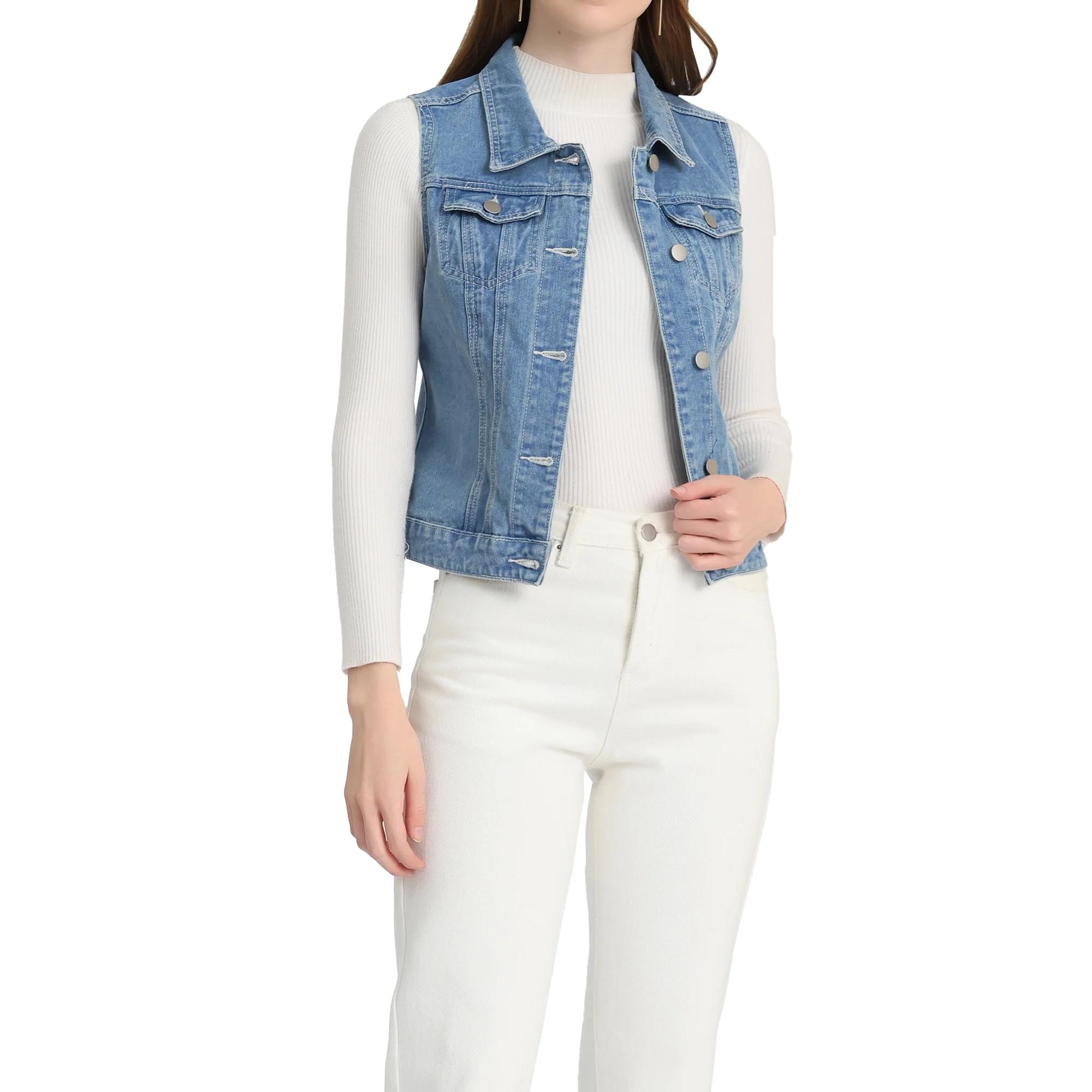 Allegra K Women's Washed Chest Flap Pockets Single Breasted Denim Vest Jacket