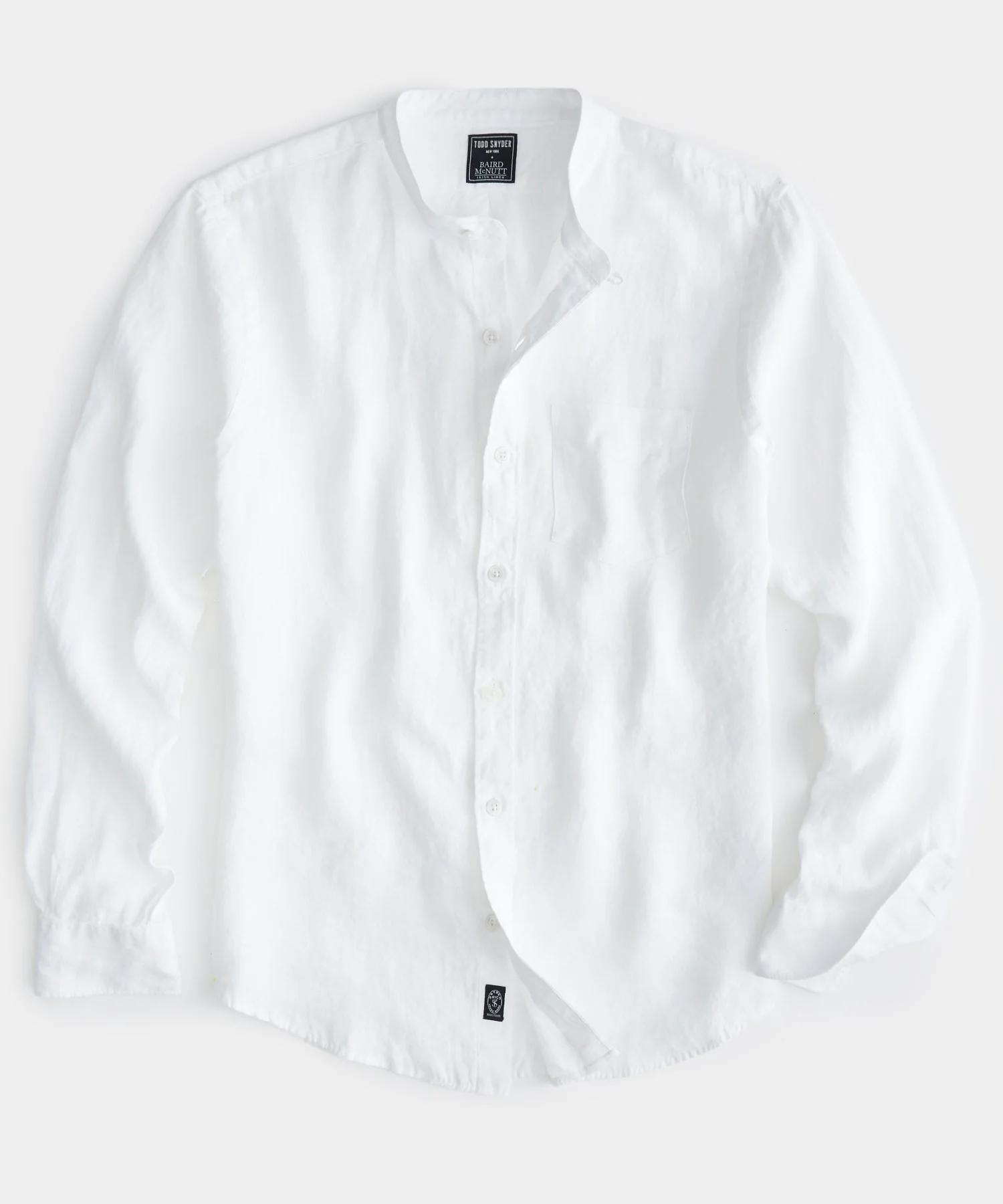 Slim fit  Sea Soft Linen Band Collar Long Sleeve Shirt in White