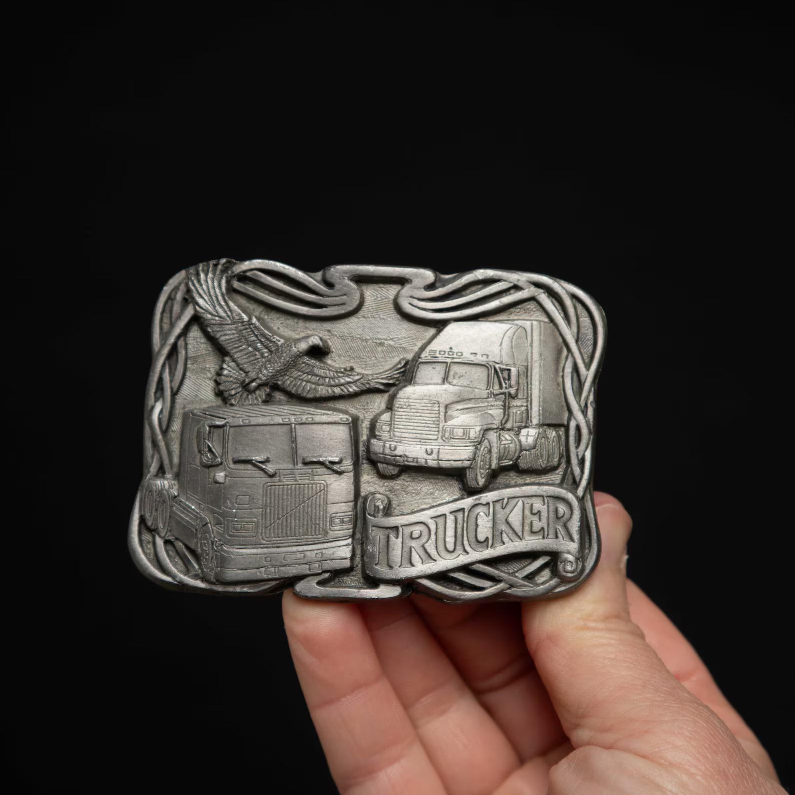 Trucker Pewter Belt Buckle with Big Rigs and Eagle