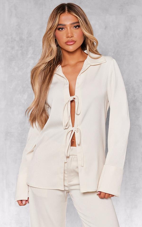 Cream Premium Tie Front Long Sleeve Shirt