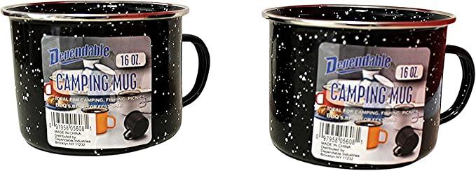 Dependable Industries 16oz Black Enamel Mugs (2-Pack) - Perfect for Camping & Home Use: Ideal for Hot/Cold Beverages, Soup, & More