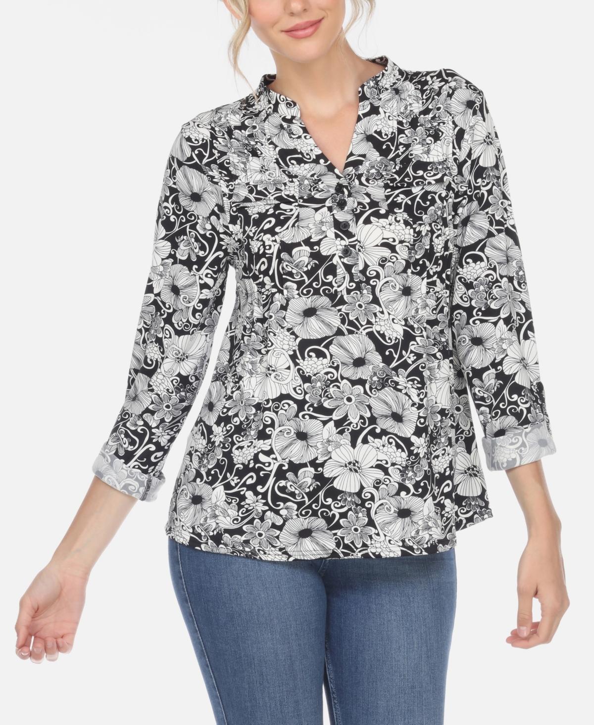 Women's Pleated Floral Print Blouse - Black