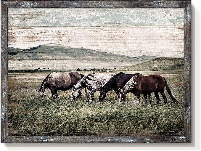 cozy country Horses Framed Wall Art Decor: The Small Size Western Farmhouse Wooden Picture Vintage Rustic Painting Wild Animals Walking in the Vast Grassland Artwork for Living Room