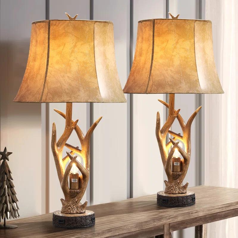26" Farmhouse Rustic Resin USB Table Lamp with Night Light (Set of 2)