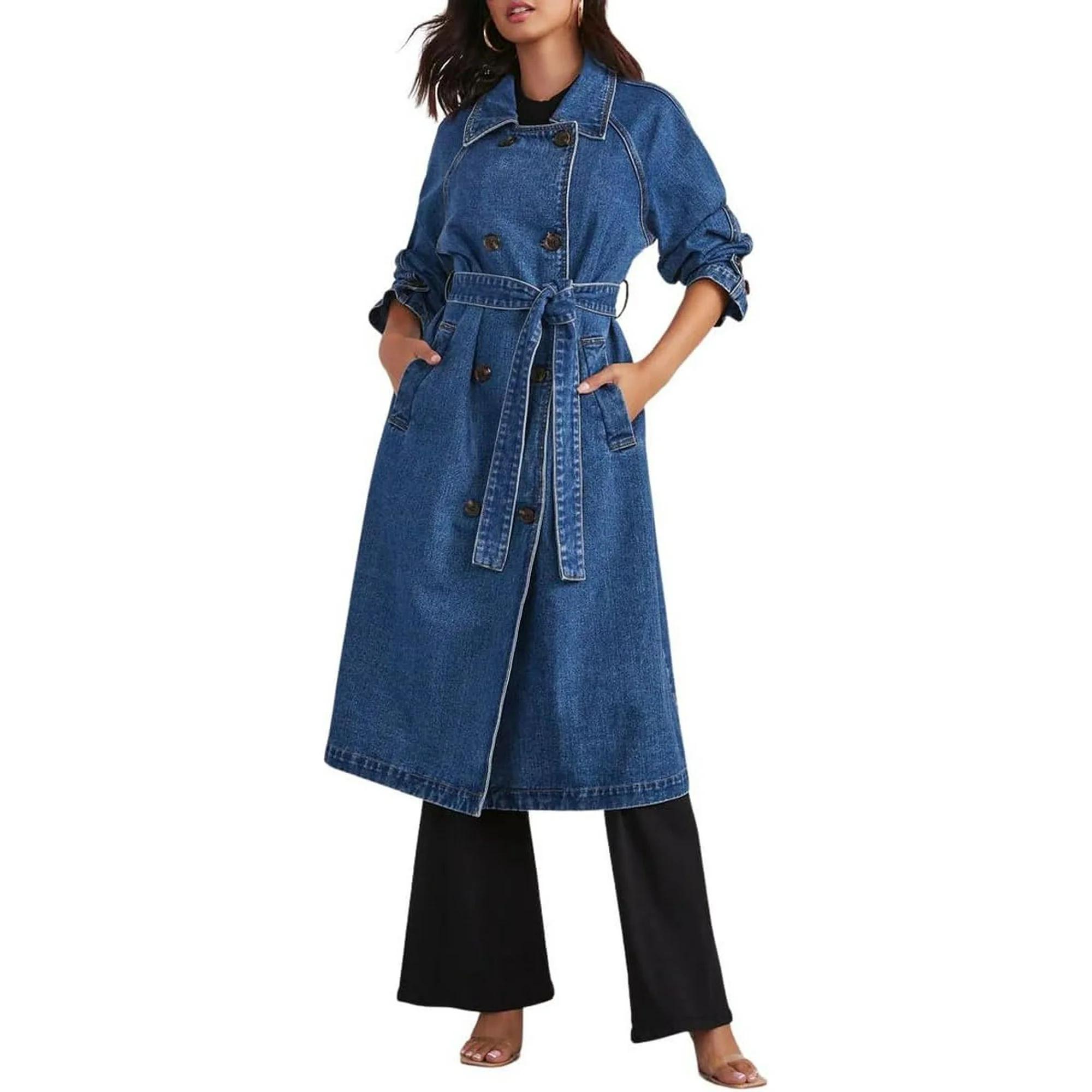 PuliPuqi Women's Vintage Midi Long Jean Jacket Loose Fit Double Breasted Denim Jacket Trench Coat with Belt