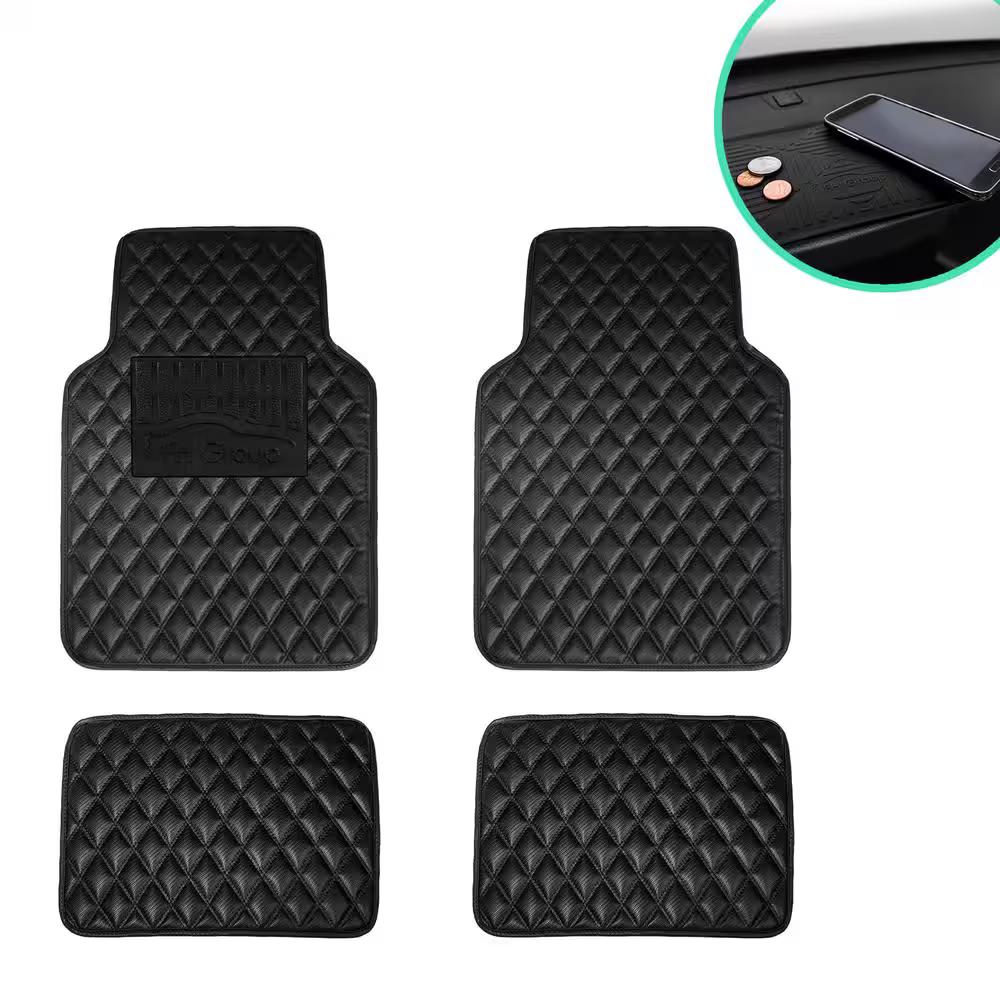 Black 4-Piece Luxury Universal Liners Heavy Duty Faux Leather Car Floor Mats Diamond Design