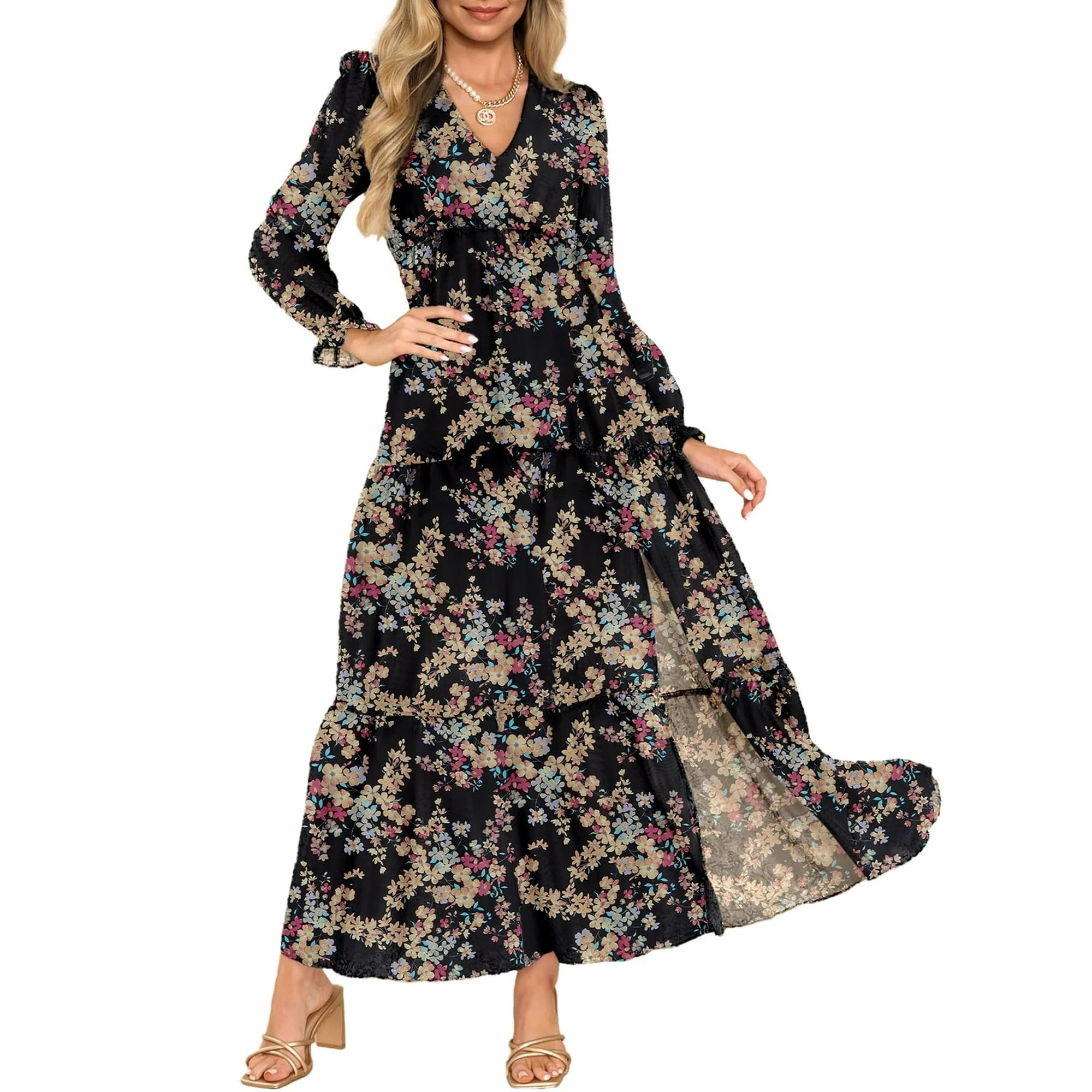 Canikat Women's Maxi Dresses Floral Print Long Sleeve Fall Dresses V Neck High Waist Maxi Dress Little Black Side Slit Casual Dress Size L US12-14