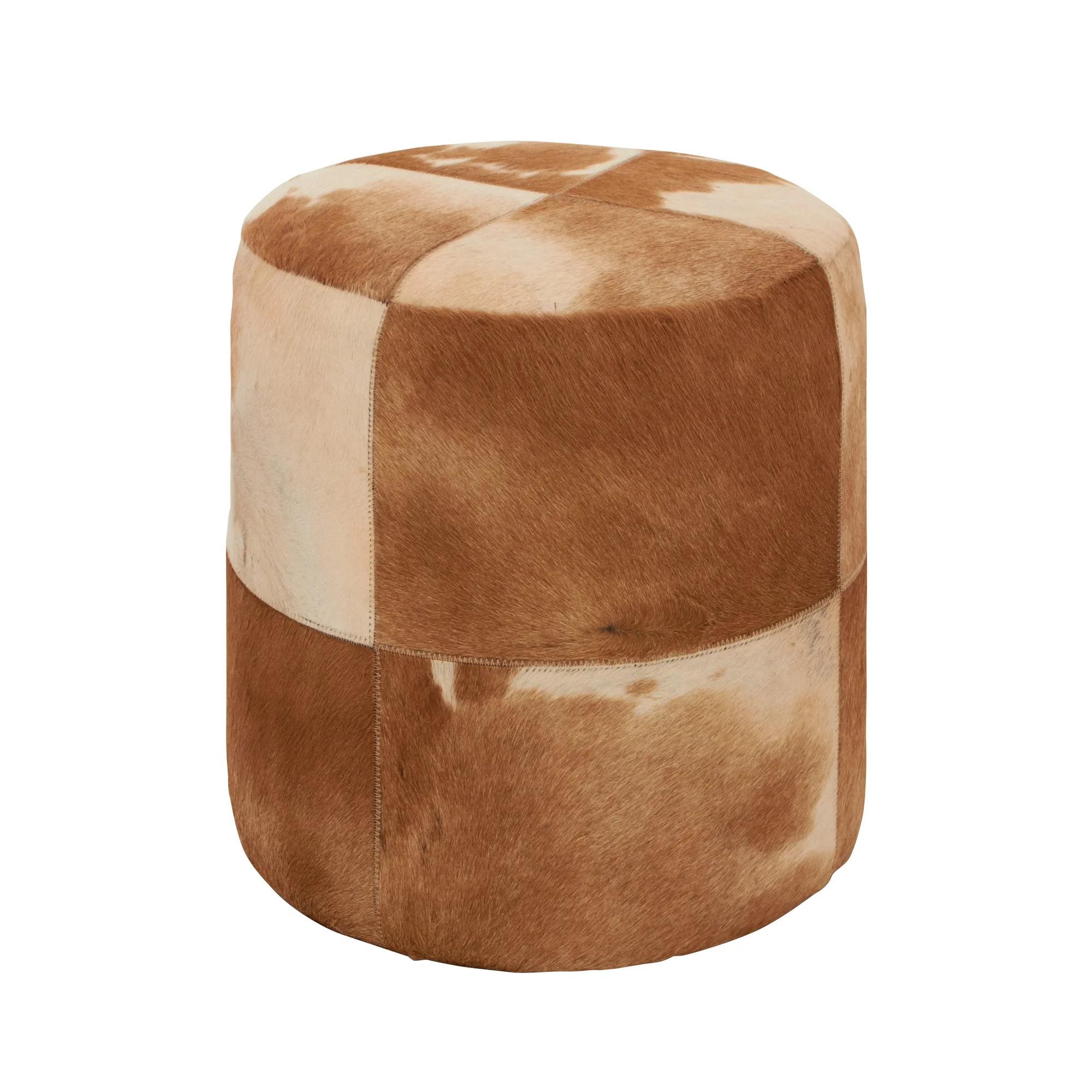 DecMode Leather Handmade Stool with Patchwork Pattern, Brown