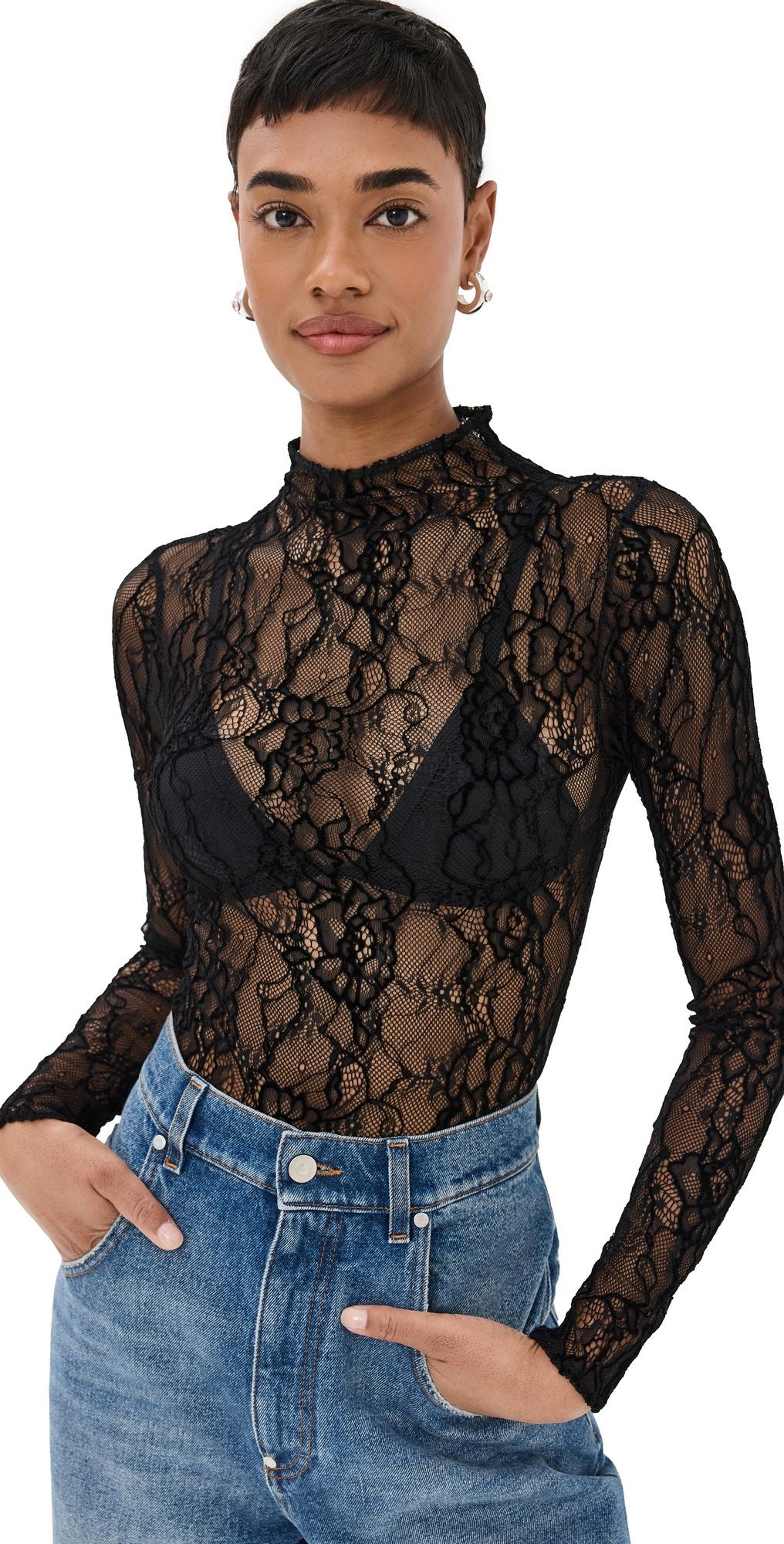 Good American Lace Long Sleeve Thong Bodysuit