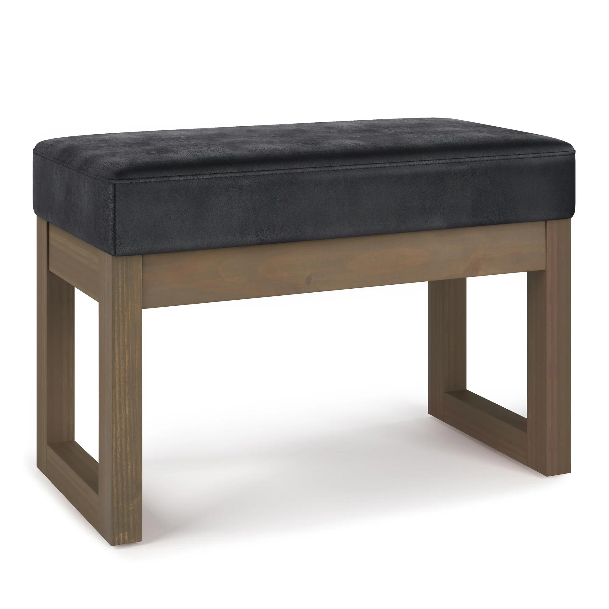 Simpli Home Milltown 26 in. W Contemporary Rectangle Footstool Ottoman Bench in Distressed Black Faux Leather