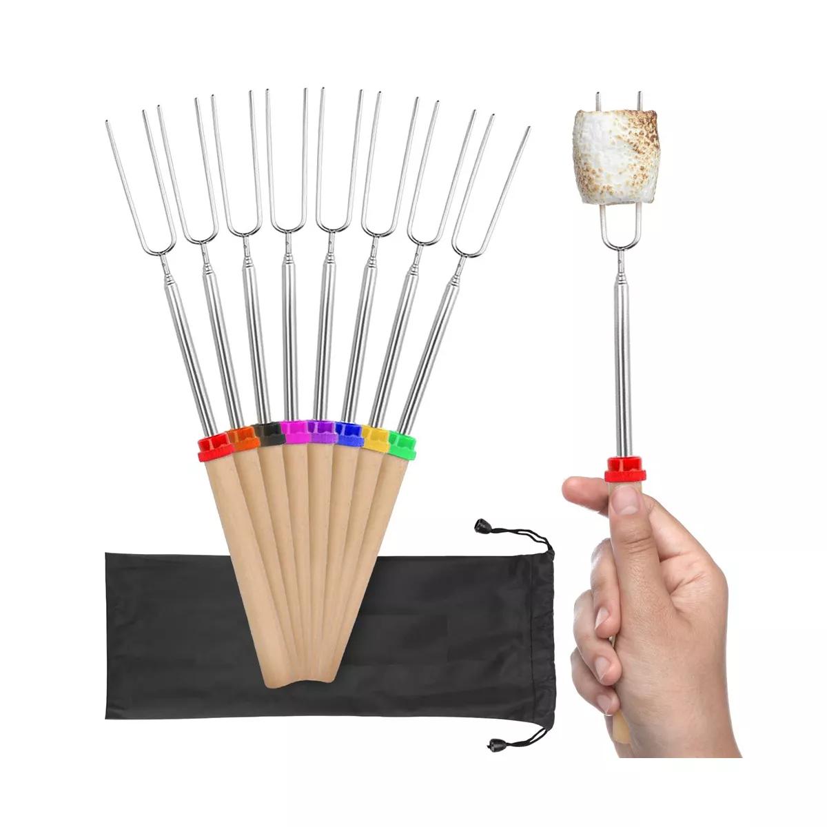 Cheer Collection Campfire Marshmallow Roasting Stick Kit - 32-Inch Extendable Fork Set with Storage Bag (Set of 8)