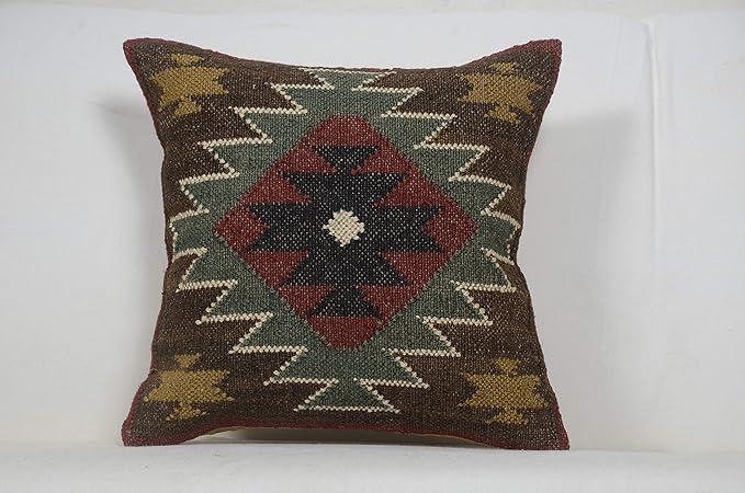Indian Jute Pillow Cover Handwoven Rug Kilim Pillow Case 18x18 Inches Boho Home Decor Vintage Cushion Case Oriental Cushion Cover Decorative Throw Pillows (Pattern 14)