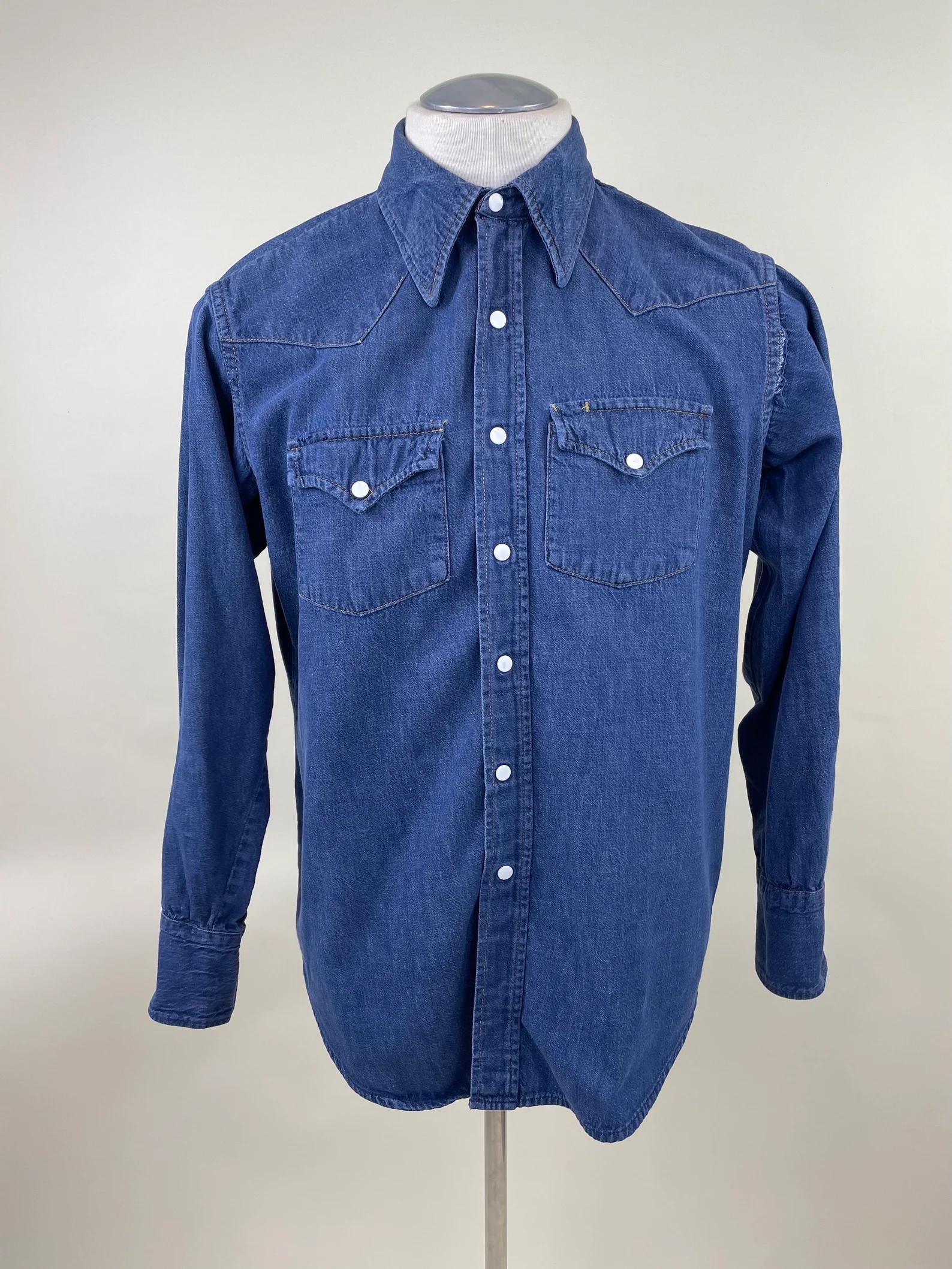 Vintage 1970s Roebucks Western Wear Denim Jean Shirt / 70s Snap Button Cowboy Work Shirt