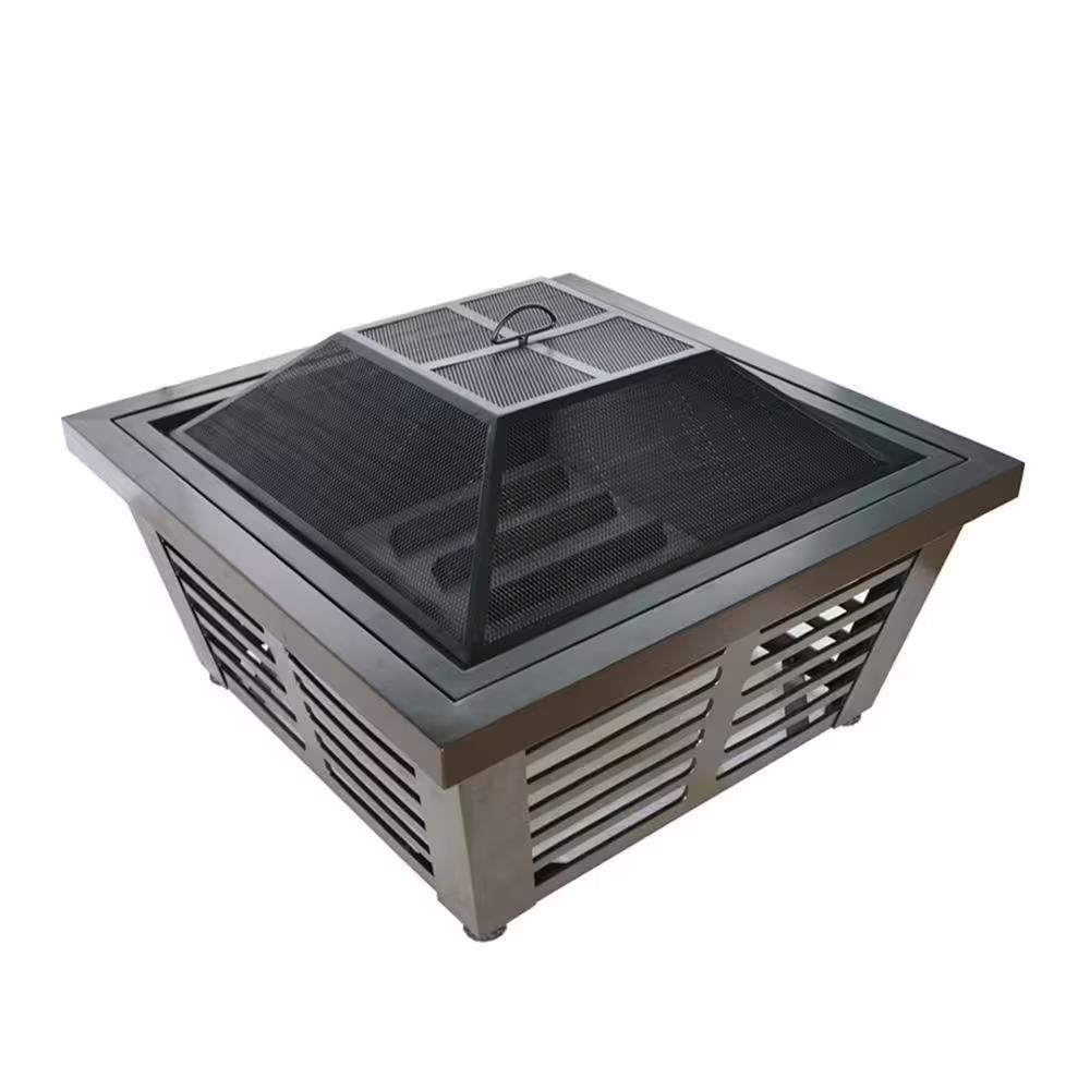 Hudson 34 in. x 23 in. Square Steel Wood Fire Pit in Wenge with Cover
