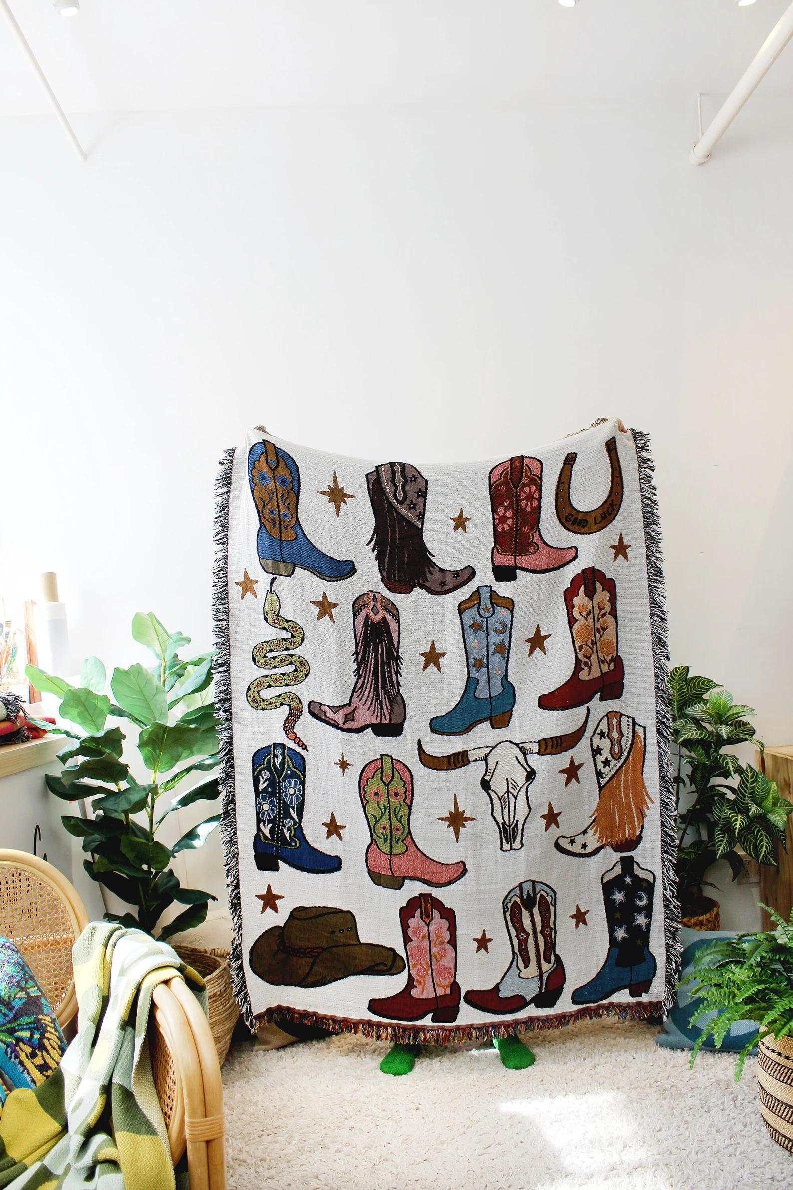 Howdy Cowgirl! Boots Multi-Color Tapestry Blanket - Cotton Throws - Housewarming Gift - Bohemian Colorful Home Decor