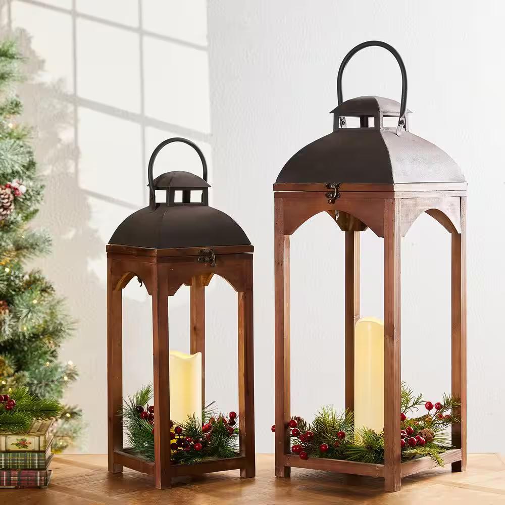 Whiskey Brown Farmhouse Modern Wood/Metal Lanterns (Set of 2)