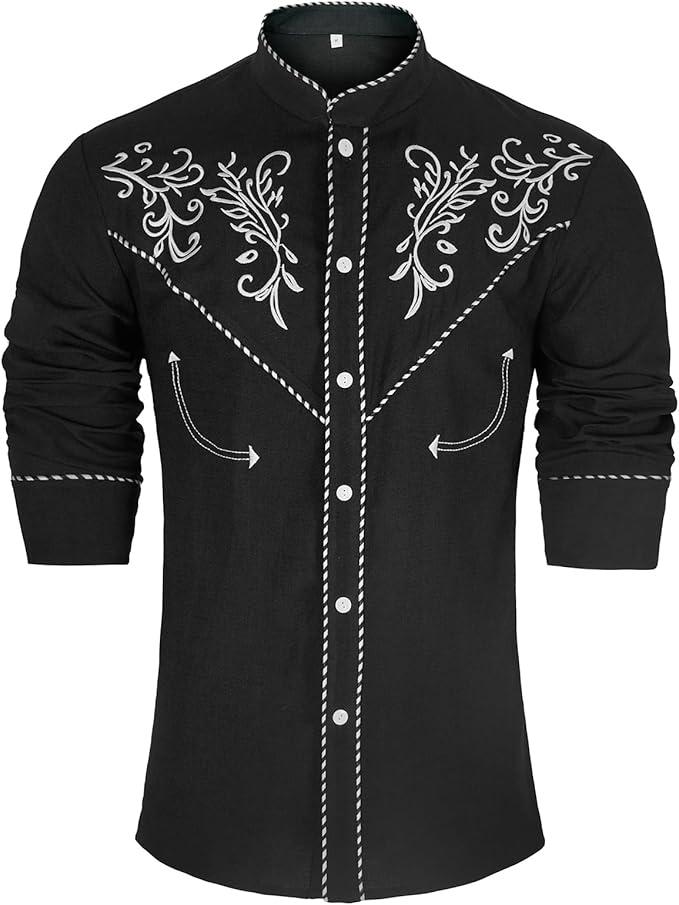 Mens Western Cowboy Shirt Embroidery Slim Fit Long Sleeve Button Down Shirt