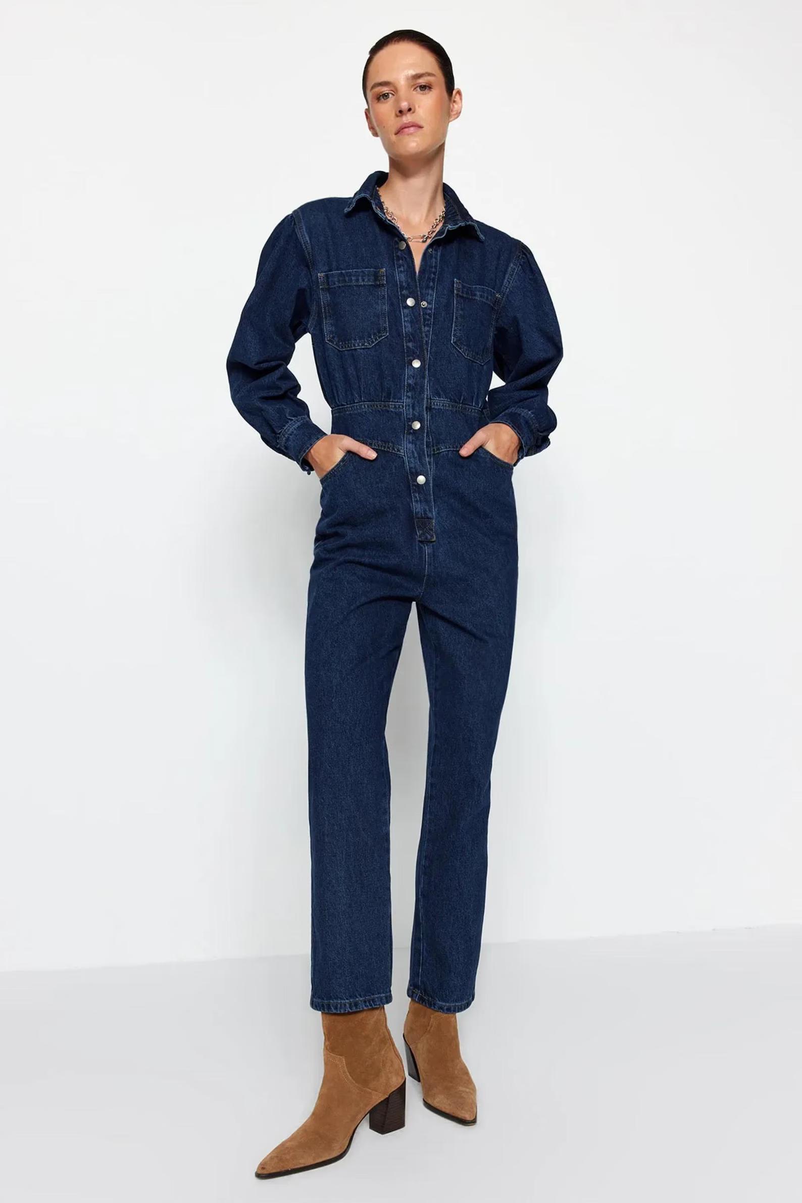 Denim Blue Long Detailed Jean Jumpsuit - Full leg length linen Jumpsuit Jean Romper for Women gift for women, Jumpsuit Women linen, Romper