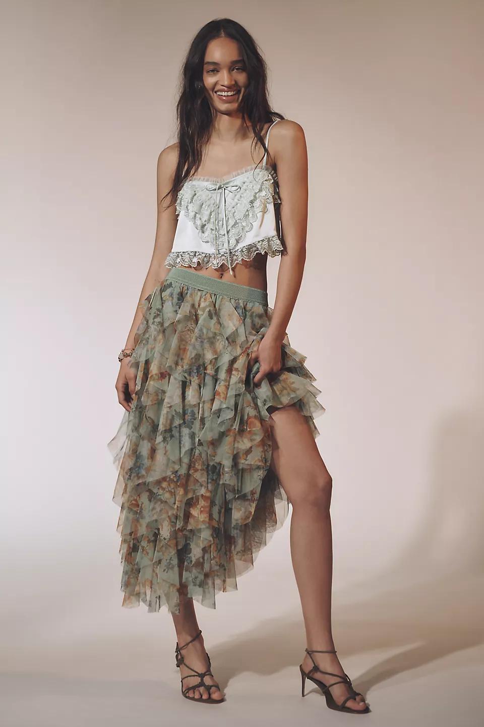 The Chéri Ruffled Tulle Midi Skirt by Anthropologie