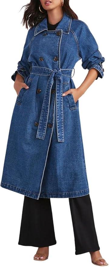 chouyatou Women's Vintage Midi Long Jean Jacket Loose Fit Double Breasted Denim Jacket Trench Coat with Belt