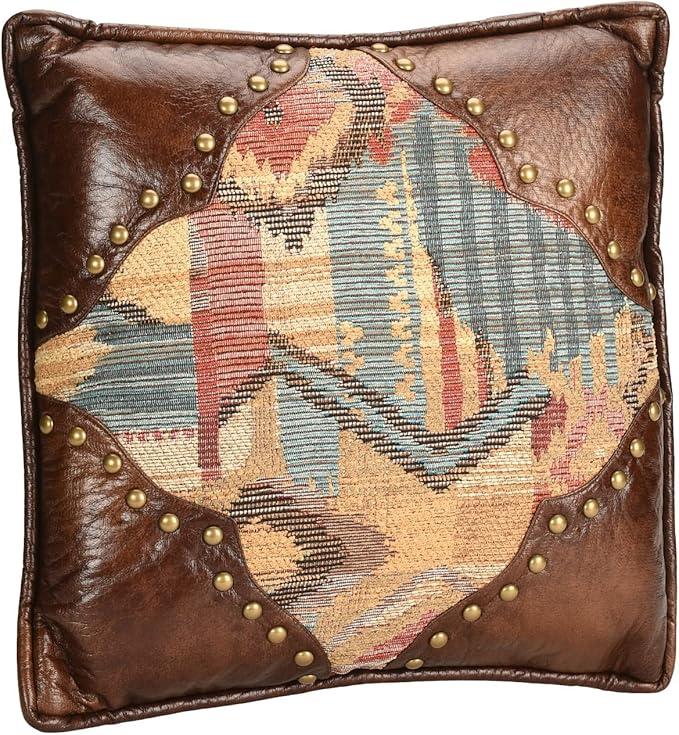Paseo Road by HiEnd Accents Ruidoso Western Decorative Throw Pillow, 18x18 inch, Aztec Rustic Cabin Theme, Faux Leather Details, Chenille Accent Pillow for Bed, Couch, Sofa