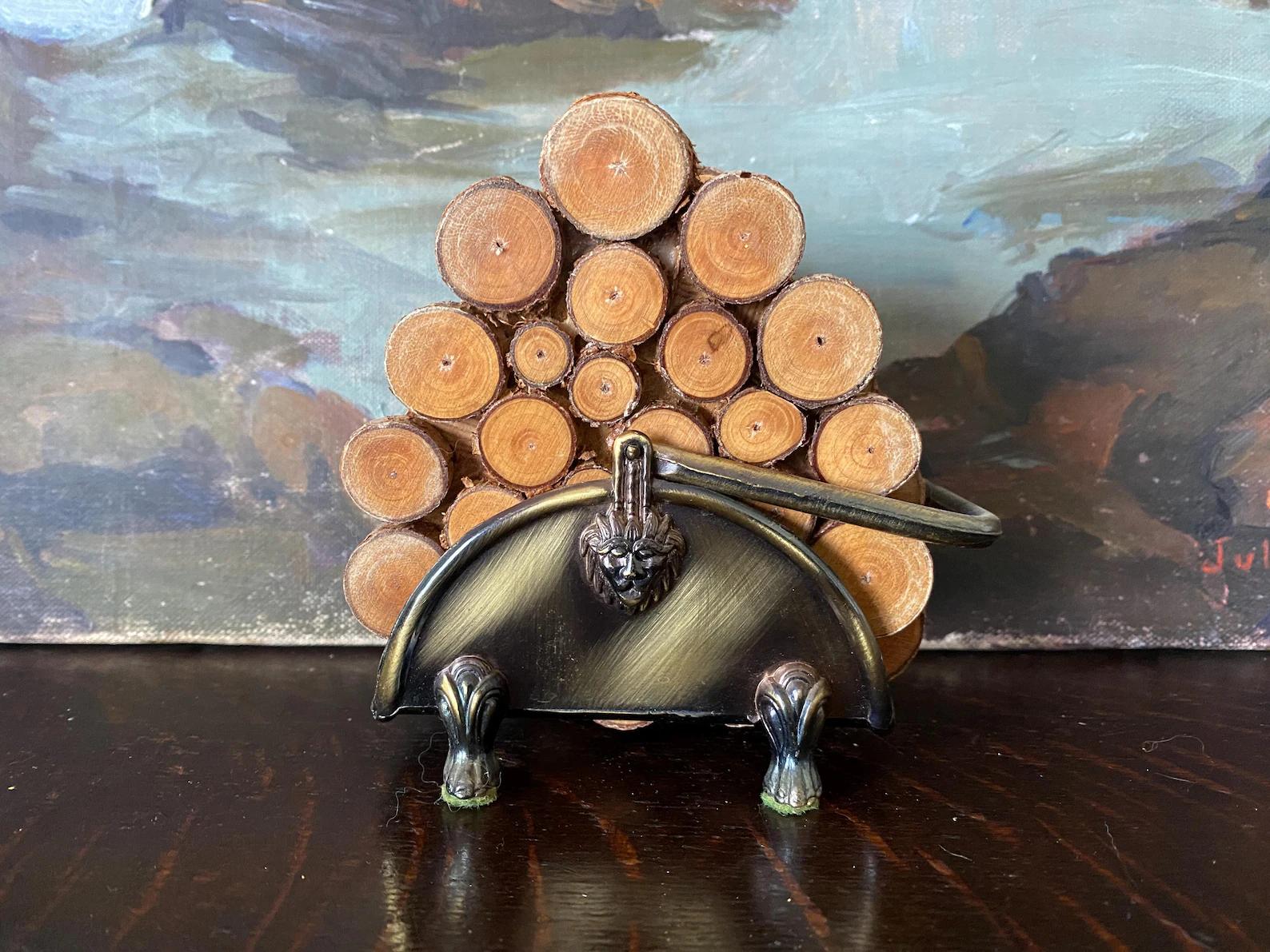 Vintage Brass Lion Head Log Holder Coaster Set Vintage Wood Slice Coaster Set Vintage House of Lloyd Brass Log Holder with Log Coasters Set