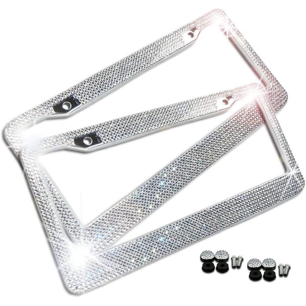 Zone Tech Shiny Bling License Plate Cover Frame - 2-Pack Crystal Bling Premium Quality Novelty/License Plate Frame with Mounting Screws